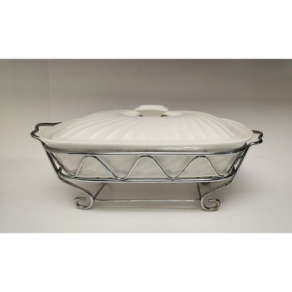 Godinger Rare Vintage 2 Quart Rectangular Covered Porcelain Baker W/Serving Rack - Picture 1 of 9